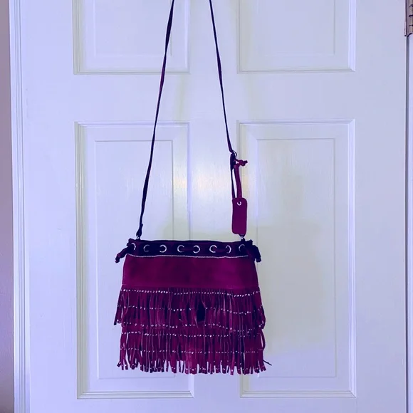 Boho maroon suede fringe handbag crossbody bag
